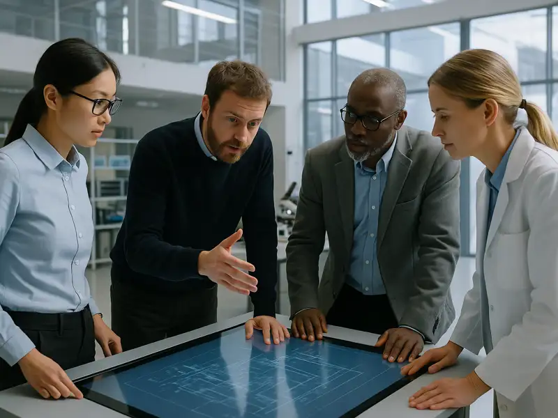 Coworkers looking at blueprints.